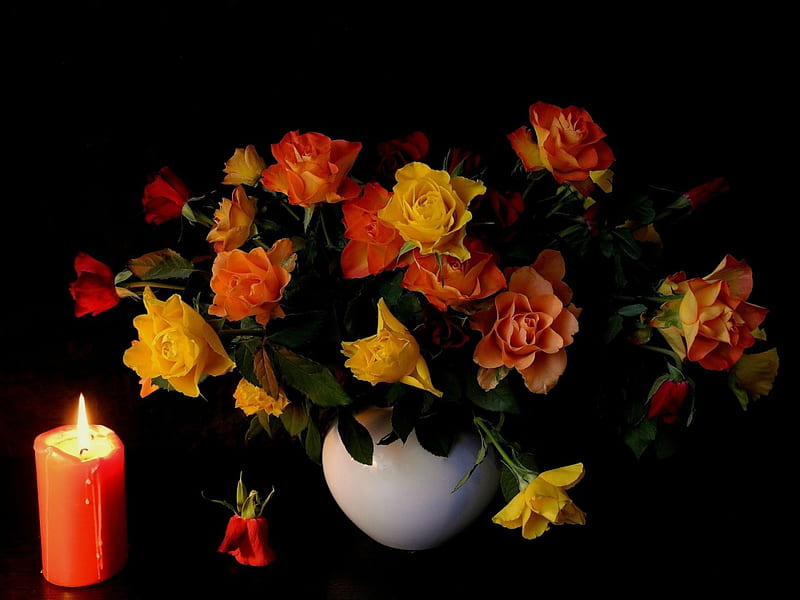 Candle and Roses, candle, still life, flame, bouquet, flowers, vase, roses, HD wallpaper