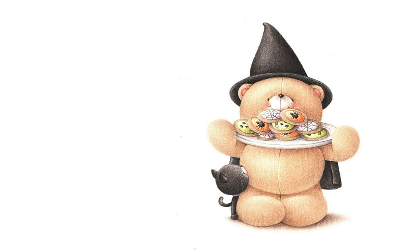 Happy Halloween!, witch, halloween, toy, black, hat, card, cute, white, teddy bear, HD wallpaper