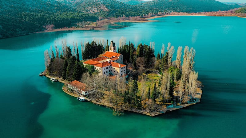 Krka National Park, Croatia, trees, island, church, water, landscape, HD wallpaper