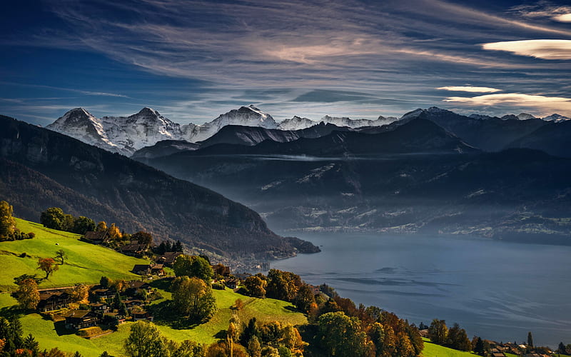 Lake Thun, Swiss Alps, mountains, Thunersee, Bernese Oberland, Switzerland, Europe, HD wallpaper