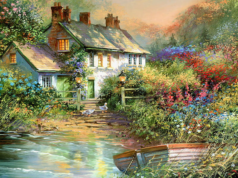 Brandigan's Landing F5, art, cottage, mitchell, lake, artwork, jim mitchell, pond, boat, water, painting, flowers, gardens, scenery, landscape, HD wallpaper