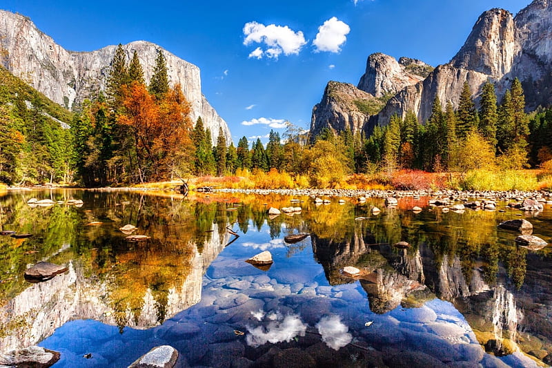 Yosemite Valley In Fall, water, mountains, river, reflections, trees, HD wallpaper