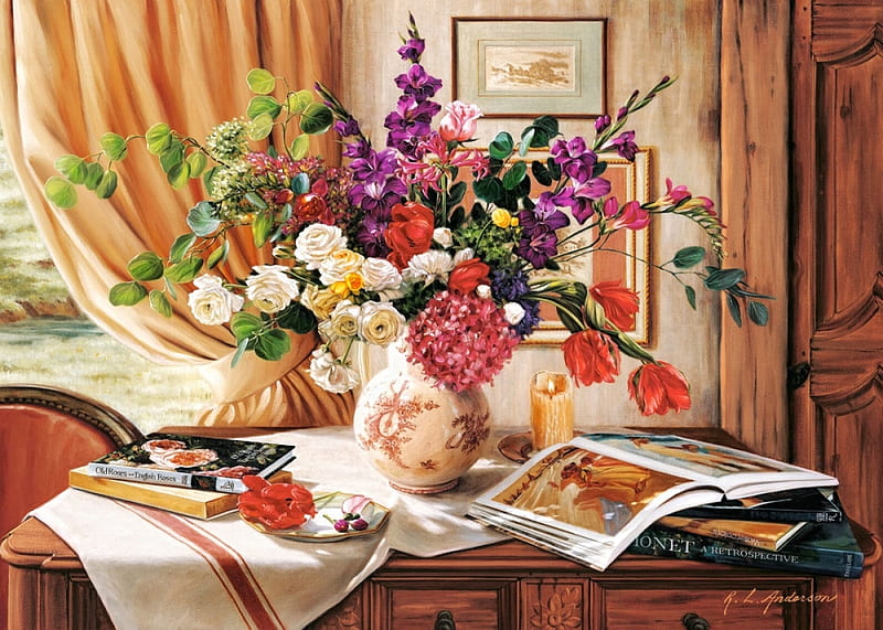 Afternoon Sunshine, still life, bouquet, window, painting, flowers ...
