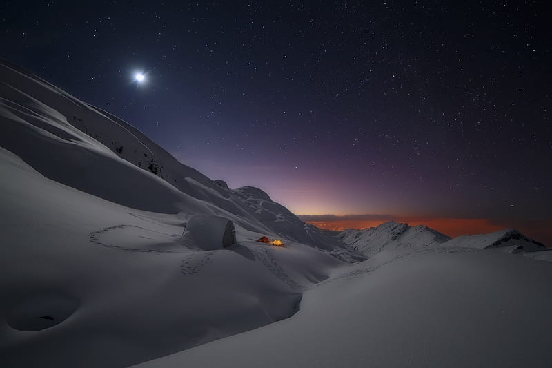 Winter night, stars, moon, sky, mountains, HD wallpaper