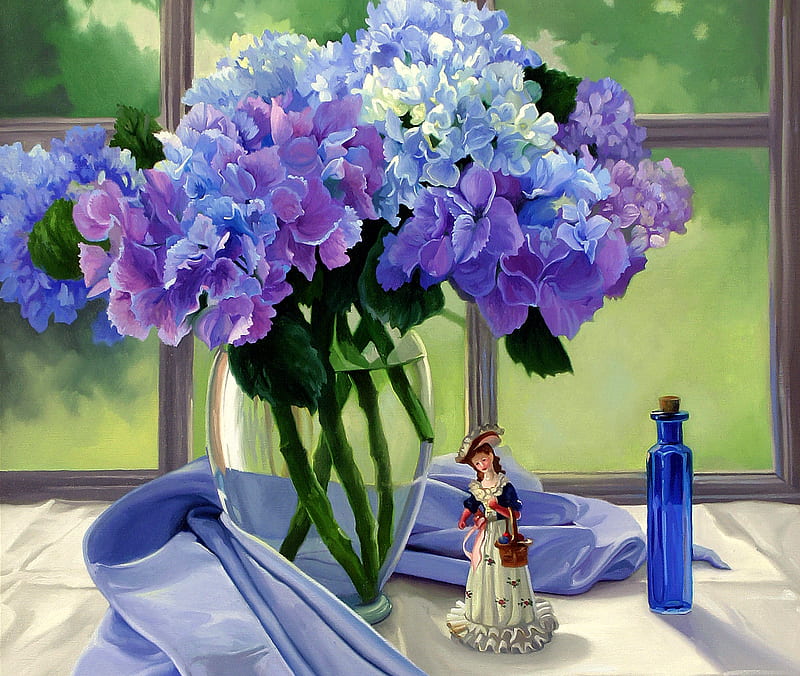 Study In Blue, window, mullions, bottle, cloth, vase, hydrangeas, tablecloth, still life, flowers, white, figurine, blue, HD wallpaper