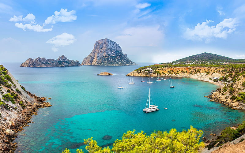 Ibiza, Spain, island, yacht, Spain, landscape, HD wallpaper