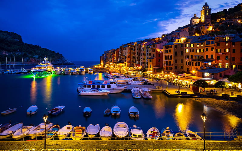 Porto Venere, bay, evening, yachts, boats, sunset, Porto Venere cityscape, Italy, HD wallpaper