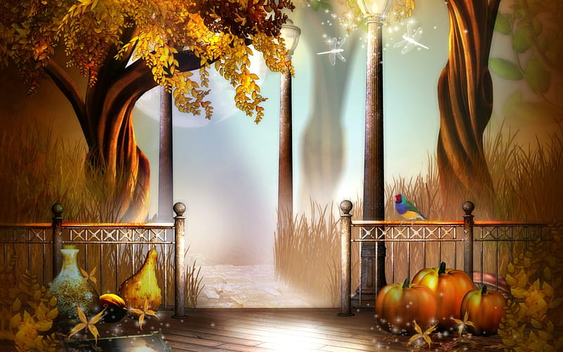 Mystical Autumn Path, Fall, fence, butterflies, trees, gourds, fog, lamp posts, leaves, moon, porch, bird, full moon, dragonflies, path, Autumn, pumpkins, HD wallpaper