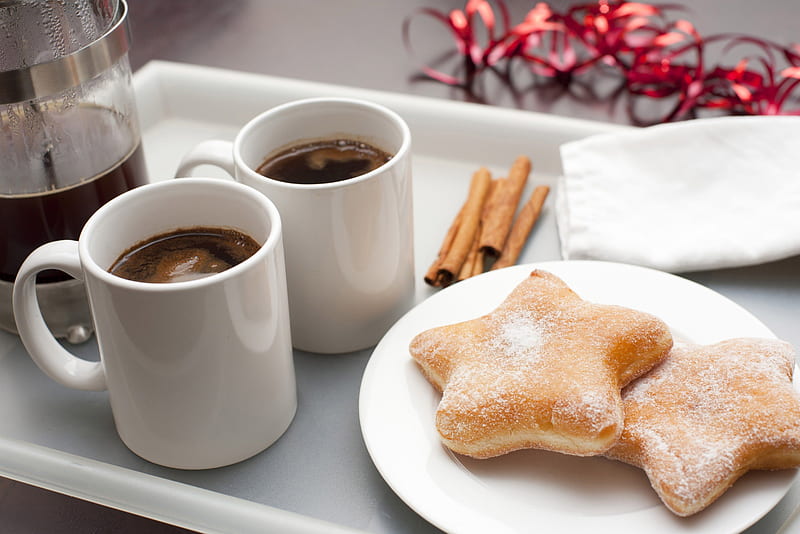 Christmas Coffee for Two! , coffee, christmas, tinsel, star-shaped donuts, cinnamon, morning, HD wallpaper