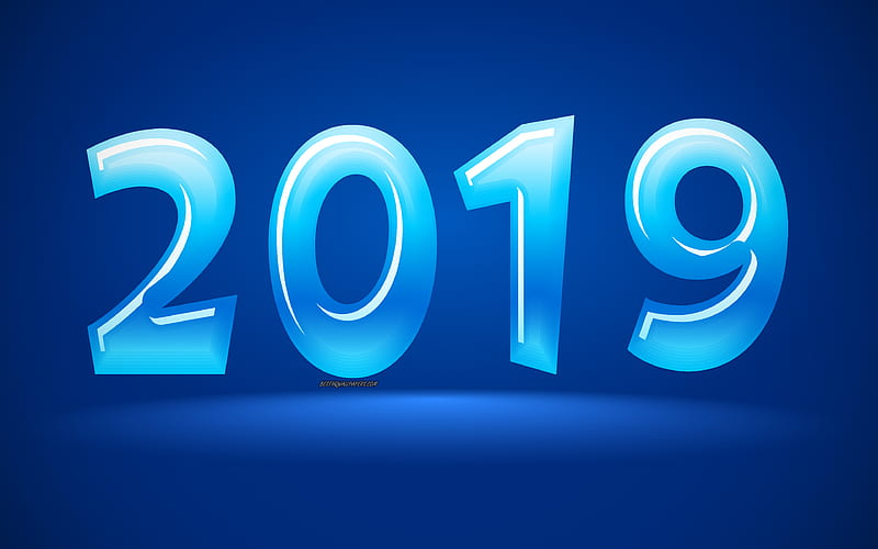 2019 Year creative art, blue background, 2019 concepts, glass figures, HD wallpaper