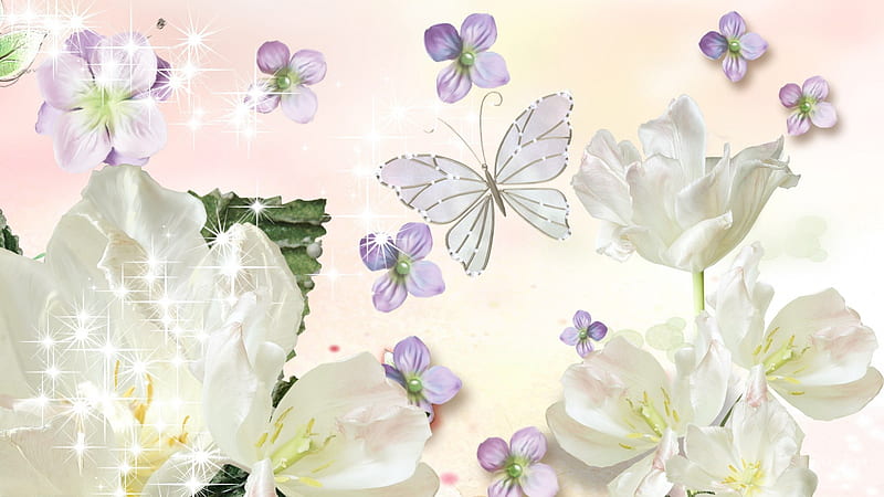 White Flowers and Butterfly, flowers, shine, scatter, spring, tranquil, butterfly, summer, flowers, simplicity, star, HD wallpaper