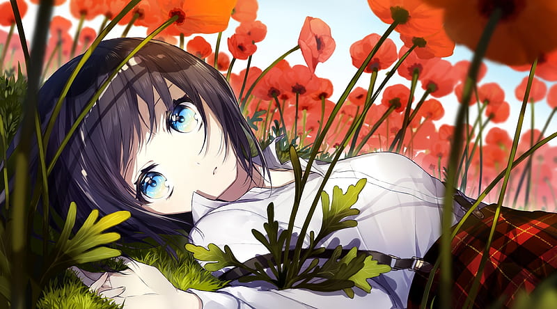 anime girl, lying down, red flowers, Anime, HD wallpaper