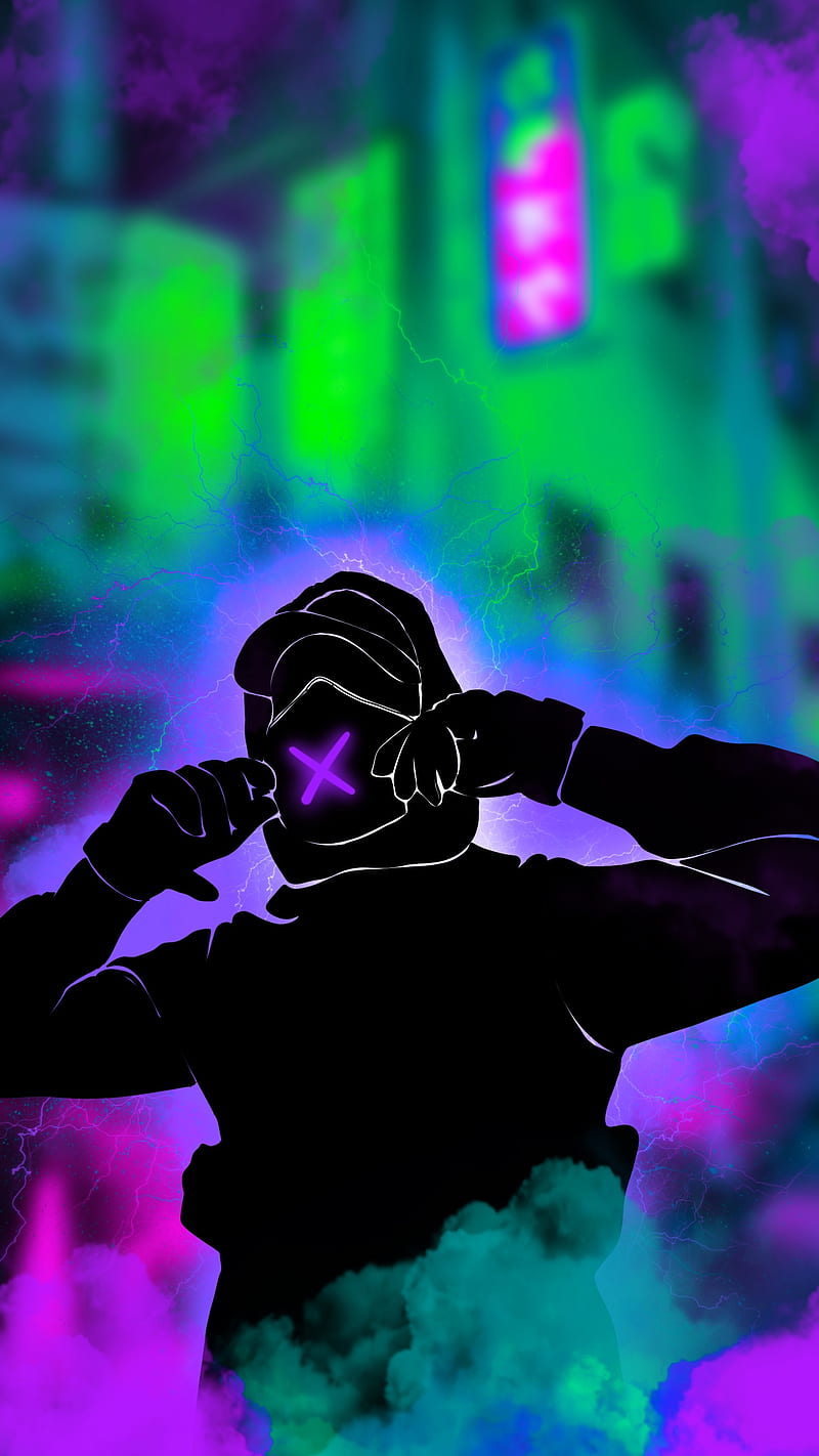 mask with neon x 2 anonymous, black, blue, dark, face, green, ninja, pink, pose, samurai, HD phone wallpaper