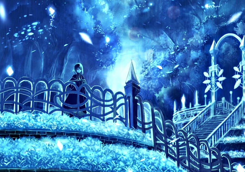Blue garden, luminos, manga, sakimori, fantasy, girl, anime, garden, petals, blue, HD wallpaper Blue garden, luminos, manga, sakimori, fantasy, girl, anime, garden, petals, blue, HD wallpaper