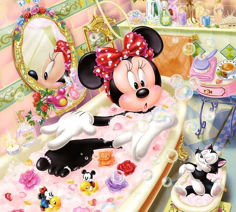 Minnie Mouse and Figaro, minnie mouse, figaro, bath, bow, cat, fantasy, animation, pink, disney, pisica, HD wallpaper