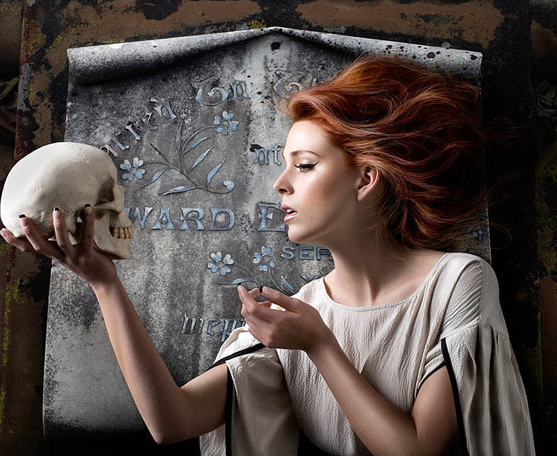 Yorick, character, female, gravestone, redhead, skull, HD wallpaper