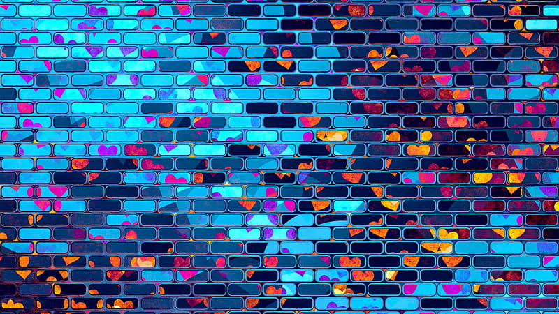 neon bricks, corazones, wall, Abstract, HD wallpaper