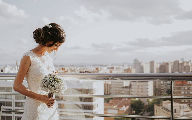 wedding, bride, bridal bouquet, smile, beautiful woman, white dress, HD wallpaper