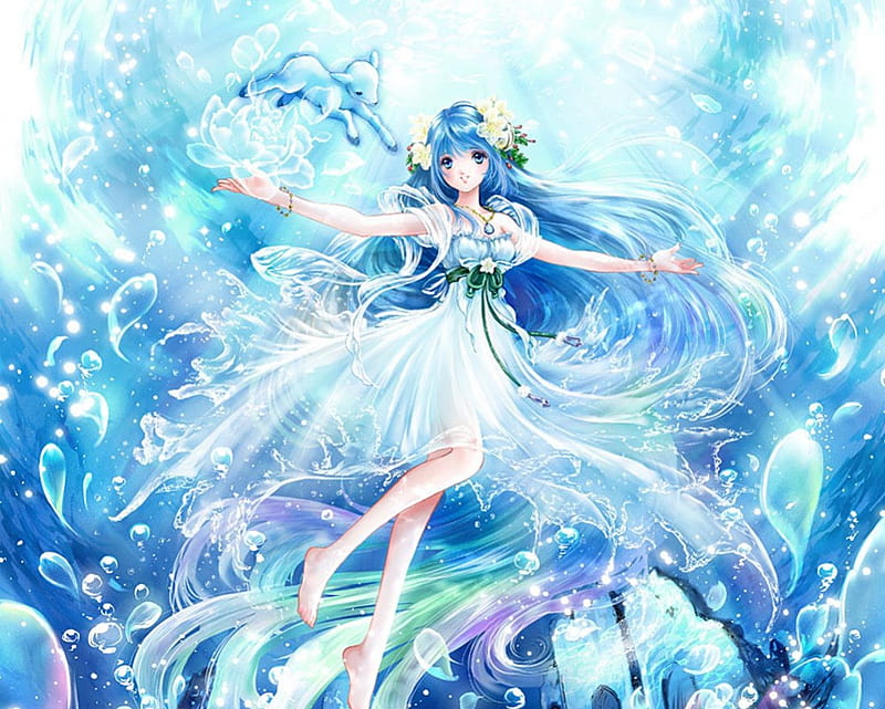 Premium AI Image | Anime girl in a blue dress standing in a field
