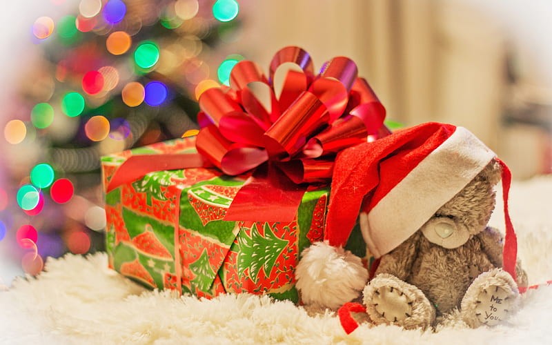 Gift box, teddy bear, Christmas, Happy New year, xmas decoration, gifts, Merry Christmas, xmas, HD wallpaper