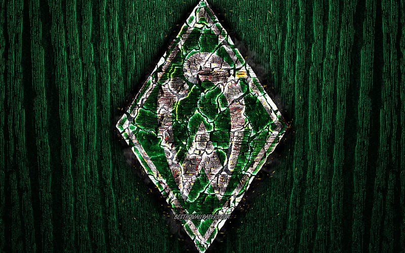 Werder Bremen FC, scorched logo, Bundesliga, green wooden background, german football club, grunge, SV Werder Bremen, football, soccer, Werder Bremen logo, fire texture, Germany, HD wallpaper