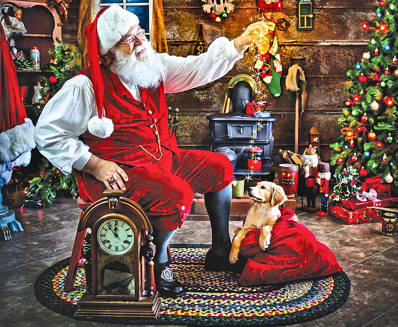 Puppy Love From Santa F, Christmas, December, bonito, illustration, artwork, canine, painting, wide screen, scenery, dog, puppy, art, holiday, clock, Santa, pet, occasion, HD wallpaper