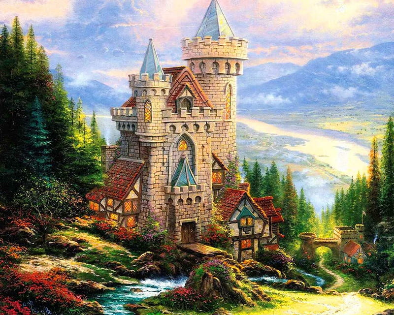 The old castle, art, lovely, bonito, fairytale, palace, sky, old, Kinkade, mountain, nice, painting, nature, castle, HD wallpaper