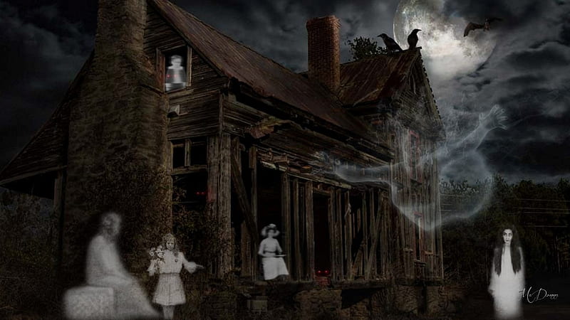 Haunted Hallows, house, raven, victorian, haunted, spirits, goth, ghosts, gothic, full moon, dark, Halloween, HD wallpaper