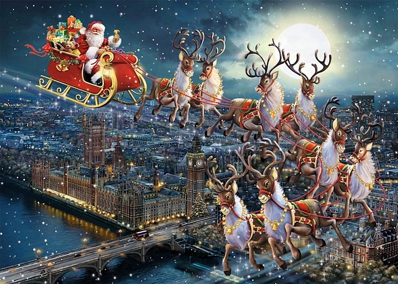 Over the Capital, Christmas, sleigh, moon, santa, snow, london, reindeer, night, HD wallpaper