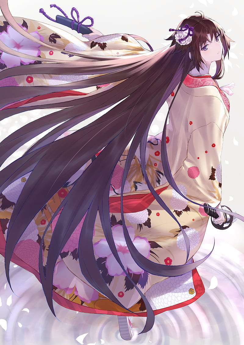 ryougi shiki, long hair, fate grand order, traditional clothes, Anime, HD phone wallpaper