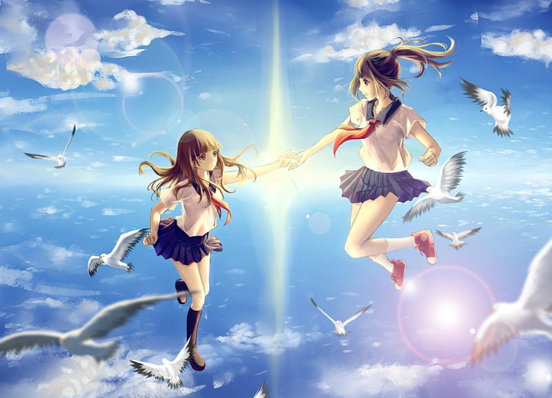 the anime style of a Japanese school girl is running happily to home in the  countryside with a zeppelin flying in the sky 12672458 Vector Art at  Vecteezy