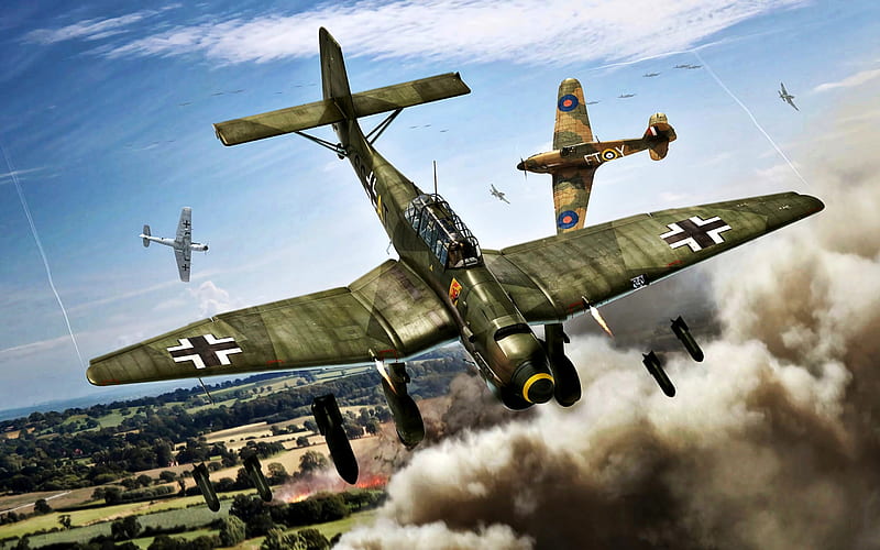 Junkers Ju 87, World War II, german bomber, Ju 87B-1 Stuka, Hawker Hurricane, british fighter, Military aircraft, HD wallpaper