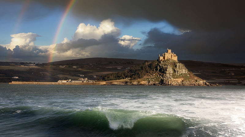 rainbow over st michael's mount in cornwall, rainbow, island, clouds, monastery, sea, HD wallpaper