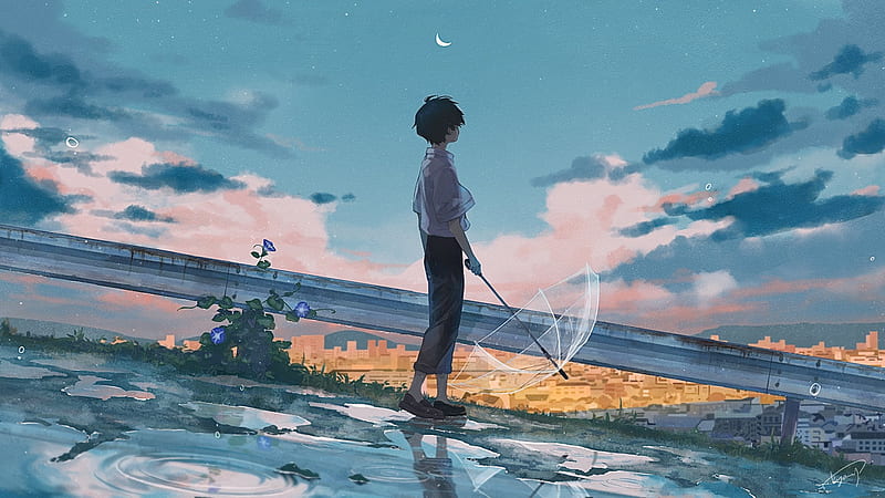 Anime, Boy, Original (Anime), Sky, Umbrella, Water, HD wallpaper
