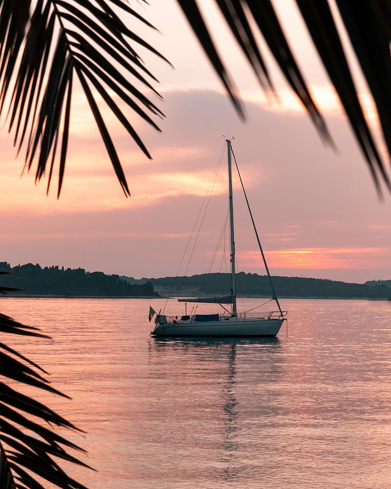 yacht, water, sunset, sea, bay, shore, HD phone wallpaper