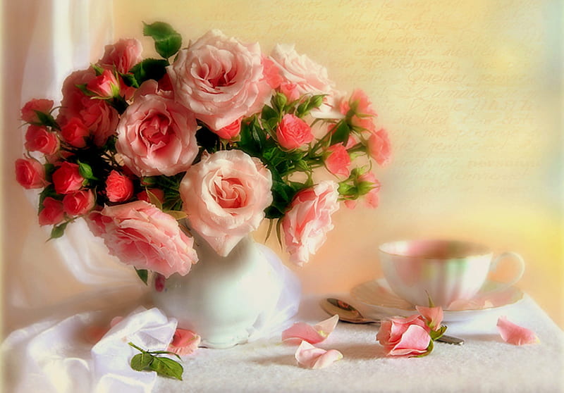 Signature Pink, white pitcher, still life, spoon, flowers, roses, pink roses, white tablecloth, teacup, HD wallpaper