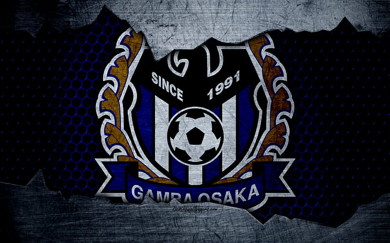 Gamba Osaka logo, art, J-League, soccer, football club, G-Osaka, metal texture, HD wallpaper