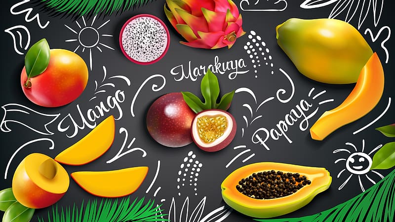 Pattern, black, papaya, yellow, red, fruit, texture, mango, exotic, HD wallpaper