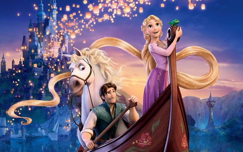 ~Tangled~, Disney, movie, horse, sky, lights, Tangled, boat, Rapunzel, kingdom, Maximus, castle, princess, Flynn Rider, HD wallpaper