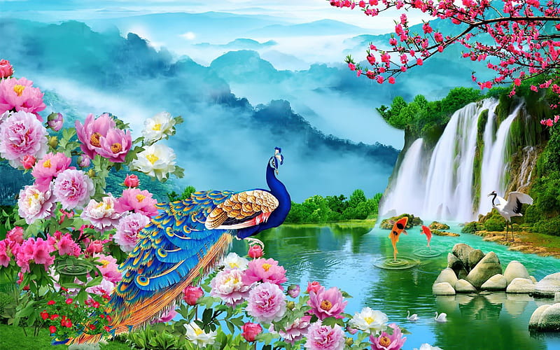 Paradise, peacock, waterfall, spring, blooms, art, fish, bonito, mist, pond, mountain, HD wallpaper