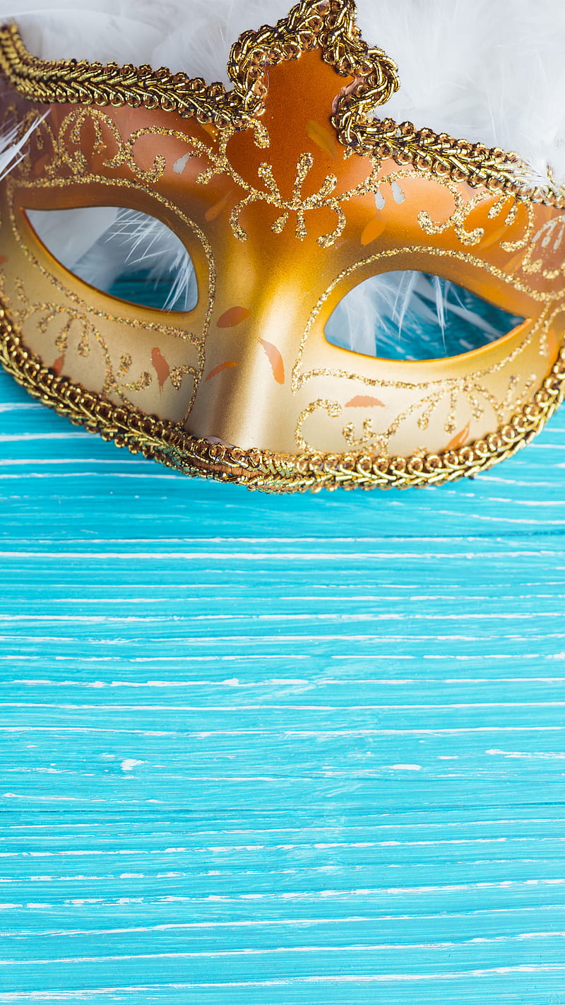Gold Party Mask, Kiss, blue, feathers, fold, mardi gras, white, HD phone wallpaper
