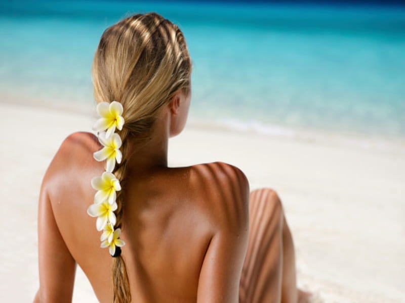 Pretty Woman, beach, Woman, Plumeria, Sunbath, HD wallpaper