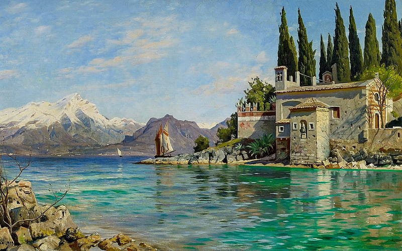 Punta San Vigilio on lake Garda, art, Italy, painting, summer, bonito, villa, lake, HD wallpaper