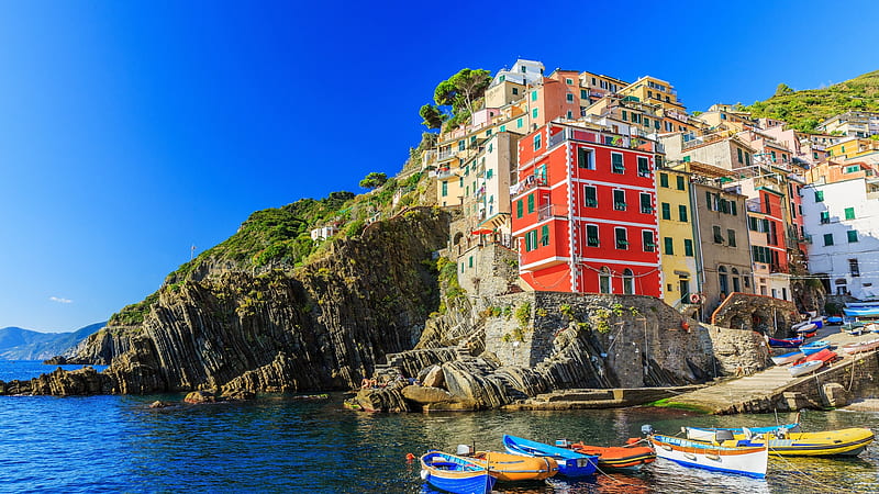 Riomaggiore in Italy, ships, boats, city, mountains, houses, nature, sky, sea, HD wallpaper