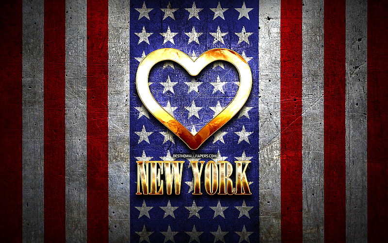 I Love New York, american cities, golden inscription, USA, golden heart, american flag, New York, favorite cities, Love New York, I Love NYC, HD wallpaper