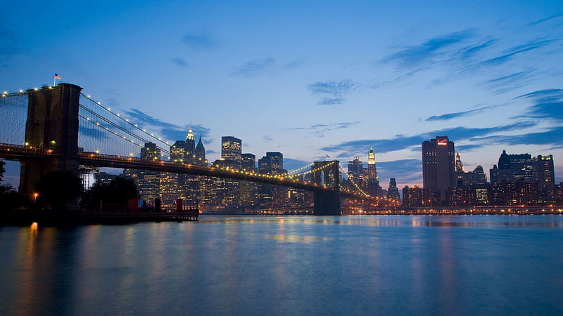 Brooklyn bridge at dusk, nyc, bridge, dusk, river, lights, HD wallpaper |  Peakpx