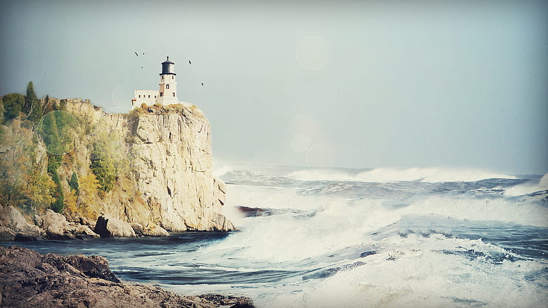 lighthouse on the cliff, graphy, water, scenic, birds, waves, architcture, animals, lighthouse, HD wallpaper