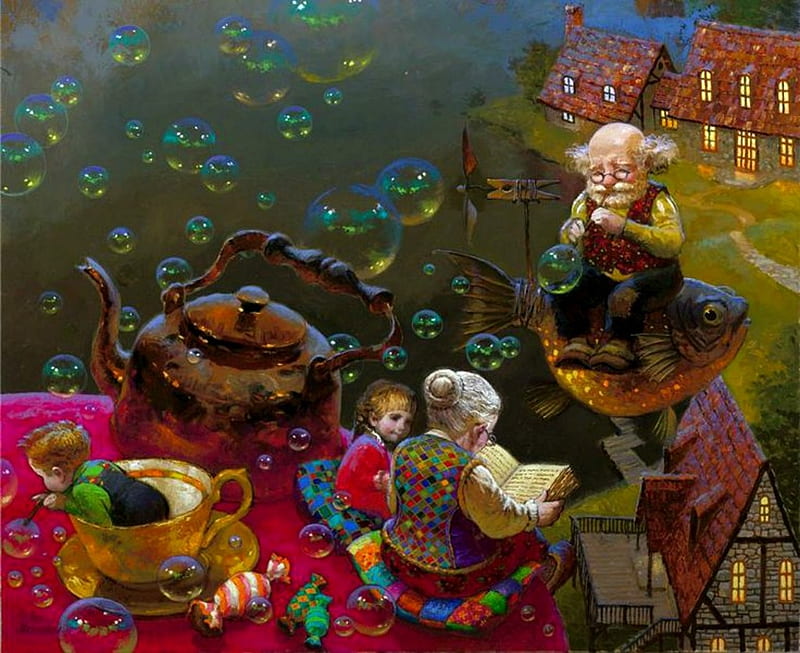 Grandmother's tales, art, luminos, children, grandmother, fantasy, tale, painting, cup, pictura, dream, pink, victor nizovtsev, grandfather, HD wallpaper