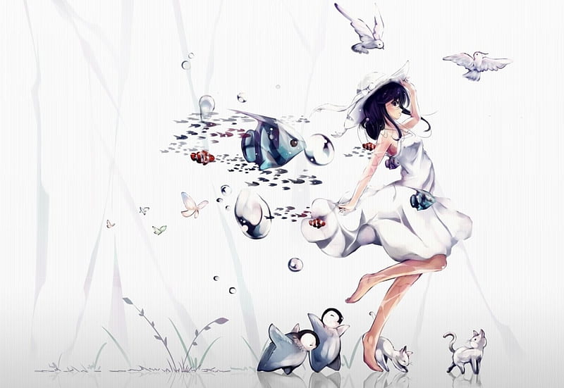Anime girl, pretty, fishes, girl, anime, white dress, penguins, cats, animals, HD wallpaper
