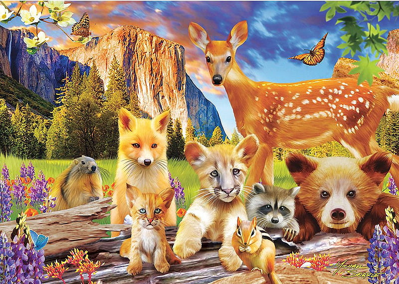 Animals of Yosemite, fox, cougar, mountains, painting, bear, raccoon ...